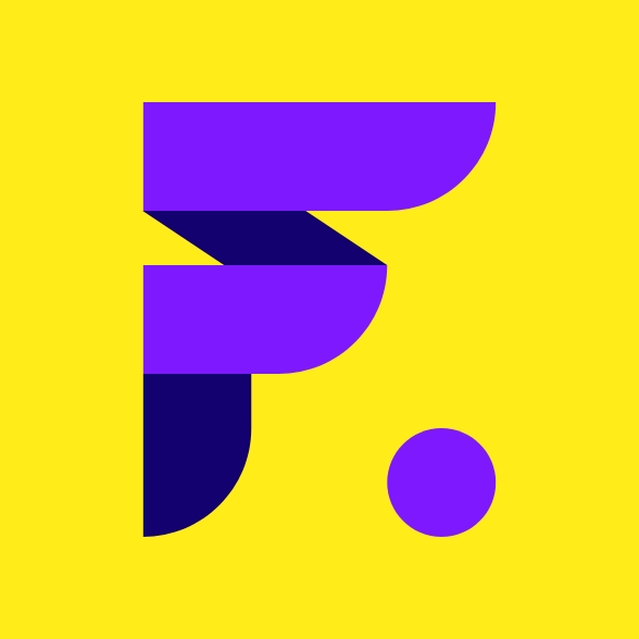 Purple logomark on yellow background.