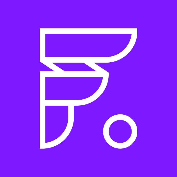 White outlined logomark on violet background.